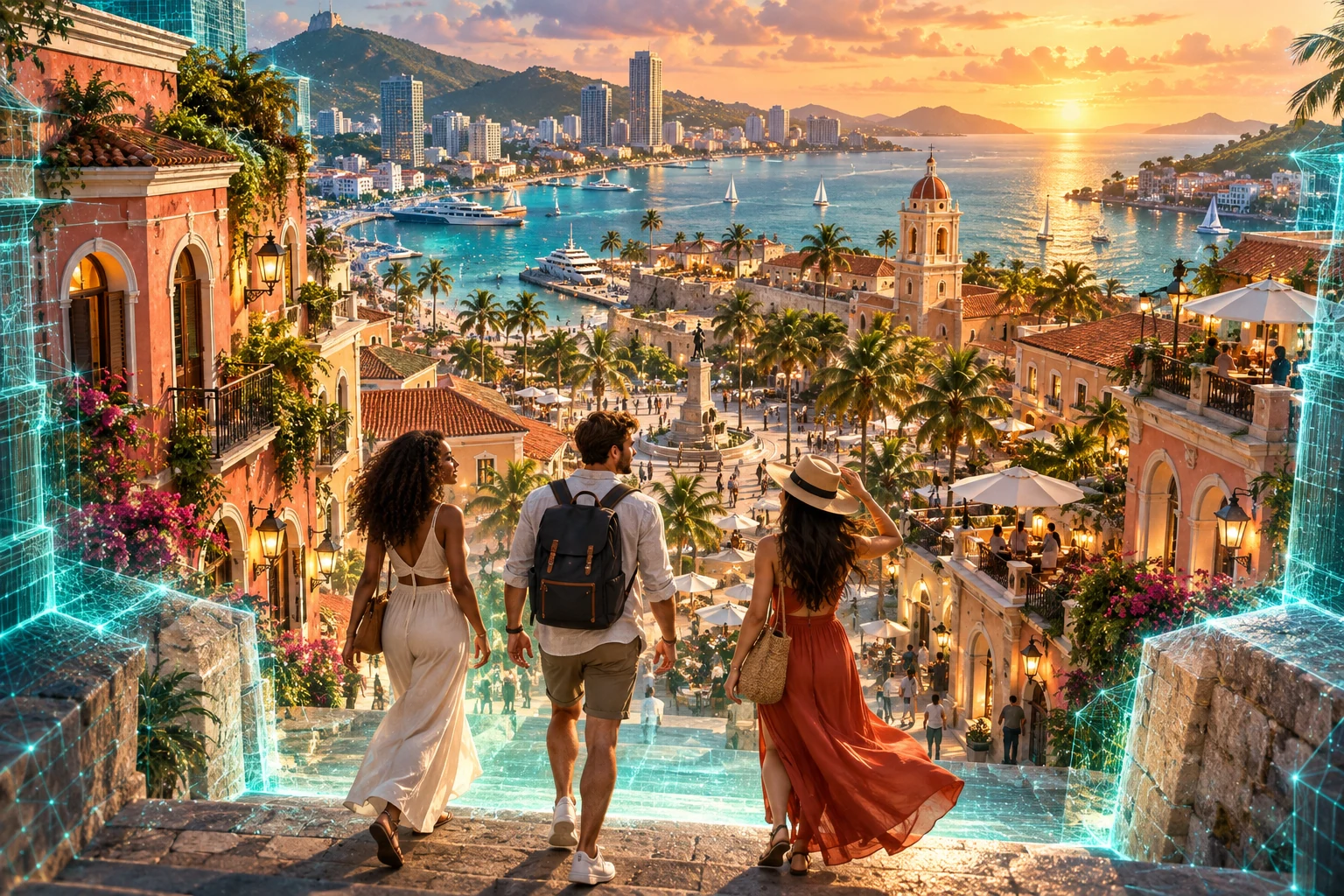 Avatar friends step through a glowing gateway into a sunlit coastal city.