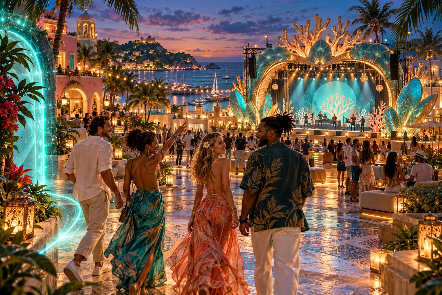 Friends gather beneath glowing lanterns at a lively virtual waterfront festival.
