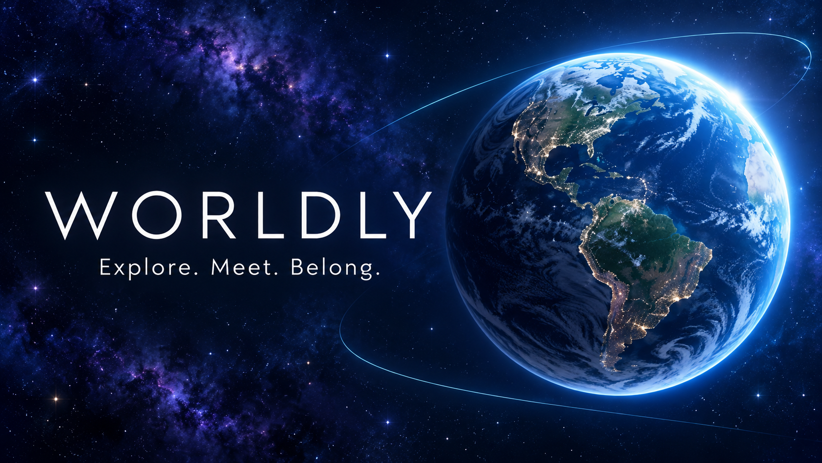 Worldly. Explore. Meet. Belong. An illuminated Earth surrounded by blue and purple stars, from the Spacewalk billboard.